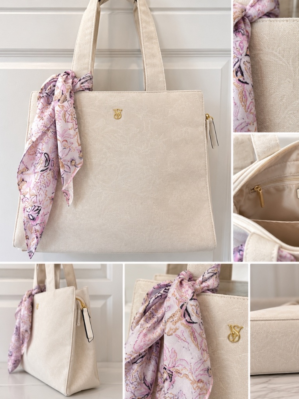 Victoria's Secret Cream Jacquard Tote Bag Gold Logo & Floral Scarf NWT